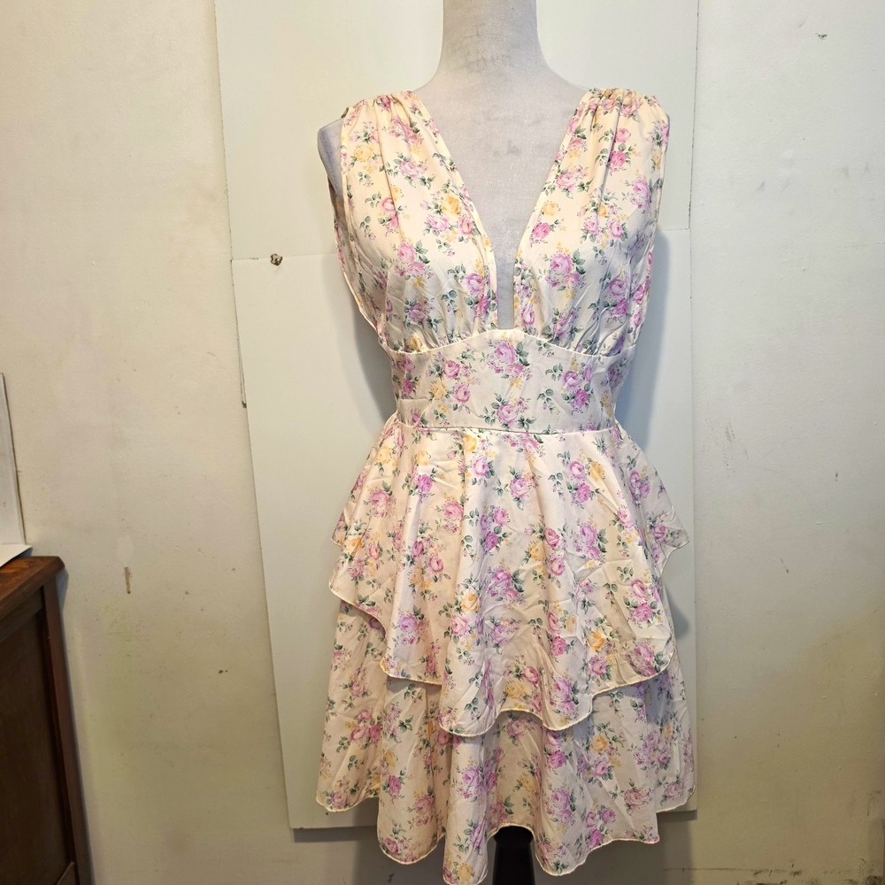 CIDER Floral Chiffon Ruffle Layered V-Neck Sleeveless Lined Mini Dress M